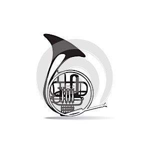 Vector illustration of black and white french horn, flat style design.