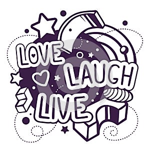 Vector illustration of black and white love laugh live quote