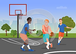 Vector illustration of black and white people playing streetball on the playground.