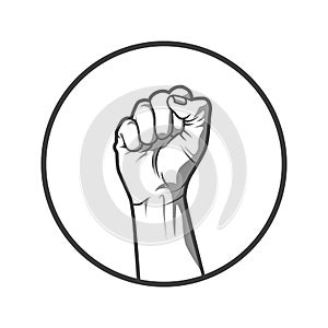 Vector illustration in black and white style of a clenched fist held high in protest.