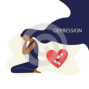 Vector illustration of black woman with long dark hairs sits on the floor and crying around broken heart.