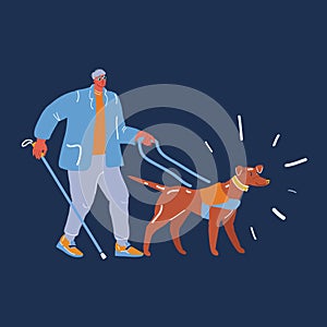 Vector illustration of blind man walking and guiding by his dog over dark background.