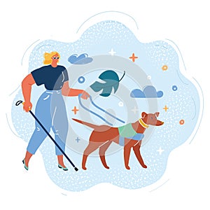 Vector illustration of blind woman walking with her dog guide in a park
