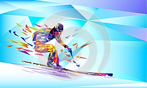 Vector illustration blue background in a geometric triangle of XXIII style Winter games. Olympic speedskater athlete speed skating