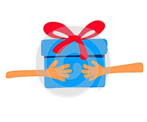 vector illustration blue box with red bow from hand to hand