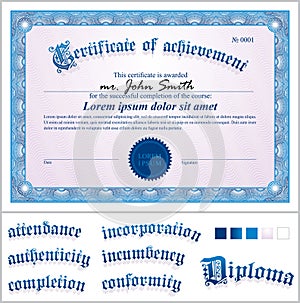 Vector illustration of blue certificate. Template.