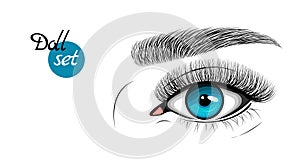 Vector illustration of blue female eye with extended eyelashes and eyebrow. Barbie doll set.