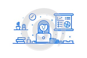 Vector illustration of blue icon in flat line style. Graphic design concept of woman financial accountant.