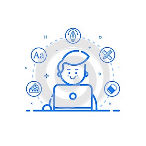 Vector illustration of blue icon in flat line style. Linear cute and happy man with laptop.