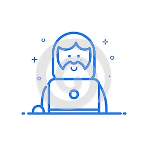 Vector illustration of blue icon in flat line style. Linear cute and happy man with laptop.