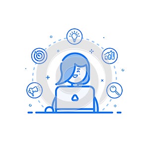 Vector illustration of blue icon in flat line style. Linear cute and happy woman with laptop.