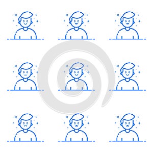 Vector illustration of blue icons in flat line style. Graphic design concept of Emoji and Avatar.