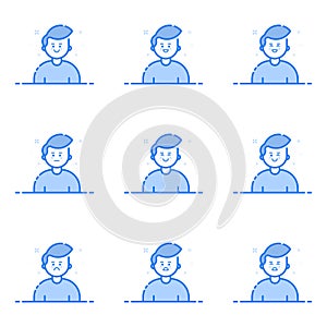 Vector illustration of blue icons in flat line style. Graphic design concept of Emoji and Avatar.