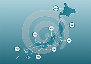 Vector illustration of blue Japan map. Maps and icons divided by region