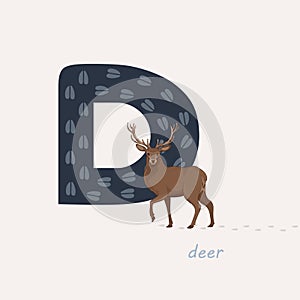 Vector illustration. Blue letter D with deers footprints, a cartoon deer. Animal alphabet.