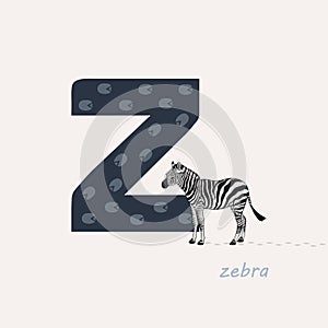 Vector illustration. Blue letter Z with zebra footprints, a cartoon zebra. Animal alphabet.