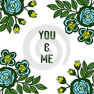 Vector illustration blue rose wreath frame with letter you and me