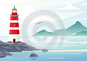 Vector illustration of blue sea background with waves and mountains. lighthouse on the rocks, sea landscape with blue