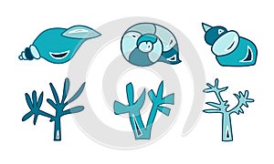 Vector illustration of blue seashells and seaweed. Icons set.