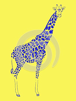 Vector illustration of a blue silhouette giraffe. Print, emblem of zoo, logo