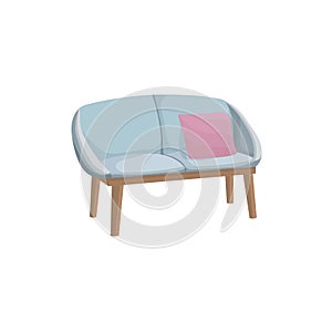 Vector illustration of a blue sofa side view in cartoon style. Small chair and 1 pink pillow. Furniture for interior Isolated on a