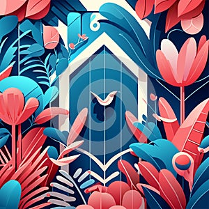 Vector illustration of a blue wooden door with flowers and birds in the garden Generative AI