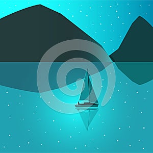 Vector illustration boat sailing in blue sea on mountins background.