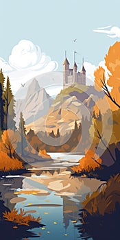 Vector Illustration Of Bogs With Alpine Mountains And Autumn Colors