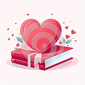 Vector illustration of a book with a big red heart and a gift. Generative AI