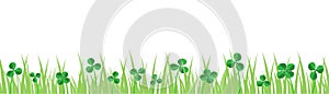 Vector illustration border of grass and cloverleaves and shamrocks on a white background, decorative strip for summer