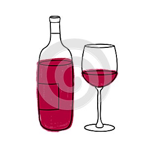 Vector illustration of bottle and glass of sweet or dry red Wine. Icon, emblem, simple sketch for cafÃ©, bar or restaurant menu