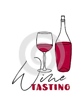 Vector illustration of bottle and glass of sweet or dry red Wine. Icon, emblem, simple sketch for cafÃ©, bar or restaurant menu