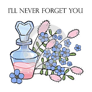 Vector illustration with bottle of love potion and forget me nots