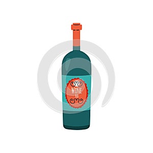 Vector illustration of a bottle of red wine in a label on a white background.