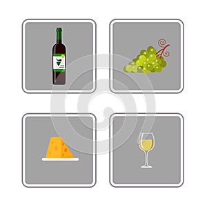 Bottle of white wine, wine glass, grapes and cheese, icons