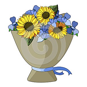Vector illustration bouquet in craft paper of blue irises and yellow sunflowers with a stroke for a postcard