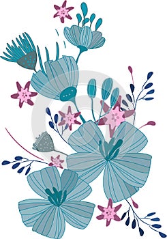 vector Illustration, a bouquet of flowers of blue and pink, leaves