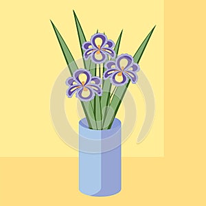 Vector illustration of bouquet of iris flowers. Card of purple a