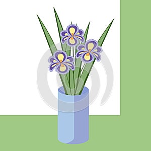 Vector illustration of bouquet of iris flowers. Card with purple flowers.