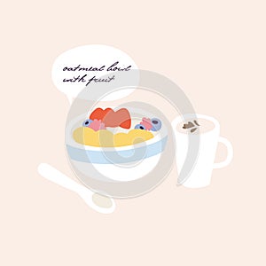 Vector illustration bowl of oatmeal breakfast with different fruits and cup of coffee. Healthy vegan diet