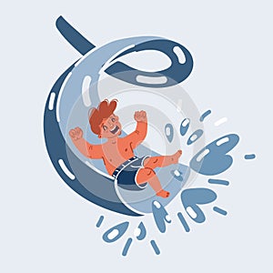 Vector illustration of boy child play water by slider down to the swimming pool, kid in summer concept.