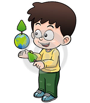 Boy holding the planet earth