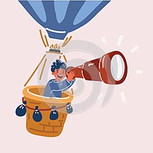 Vector illustration of boy in a hot air balloon searching with spy glasses