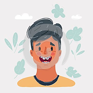 Vector illustration of boy smile with braces on teeth
