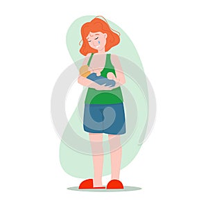 Vector illustration: breastfeeding. The mother is breastfeeding the baby. Postpartum depression. Breastfeeding problems.