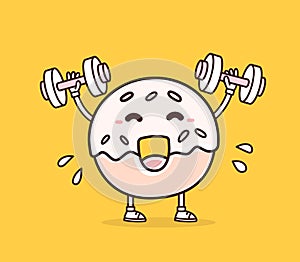 Vector illustration of bright color smile donut lifts dumbbells