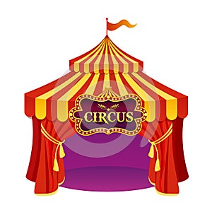 Vector illustration of bright colors circus tent with beautiful emblem isolated on white background.