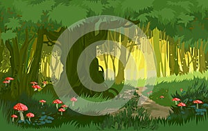 Vector illustration bright green summer magical forest vector background mushrooms