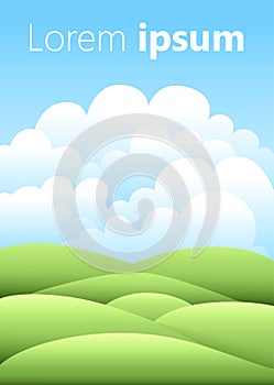 Vector illustration.Bright nature landscape with sky, hills and grass. Rural scenery. Field and meadow