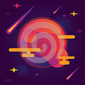 Vector illustration bright planet with stars and flying by meteorites